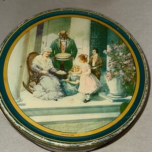 Home. Vintage Decorative Tin with Family Scene.